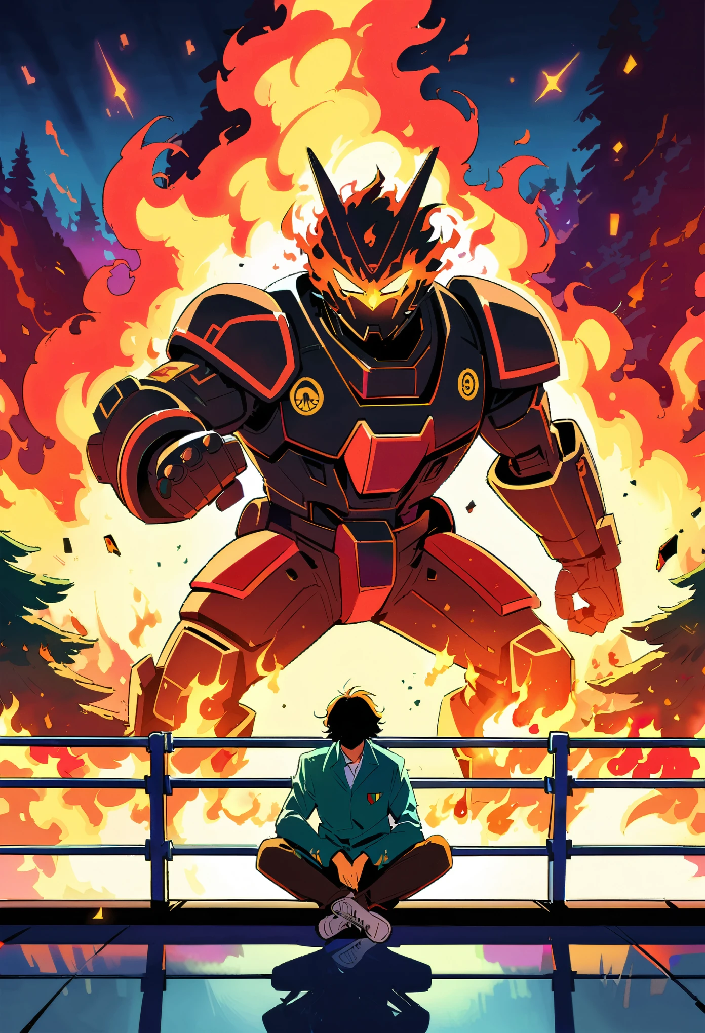 8k resolution, rich man, hacker, constricted pupils, angry, Reggae hair, Prajna in mask, mech suit, knee boots, feathered wings, indian style, tiptoe kiss, airport, 80s movie, ((burning forest)), spark, light leaks, burning sky, flame, flames burning around, (flying sparks)