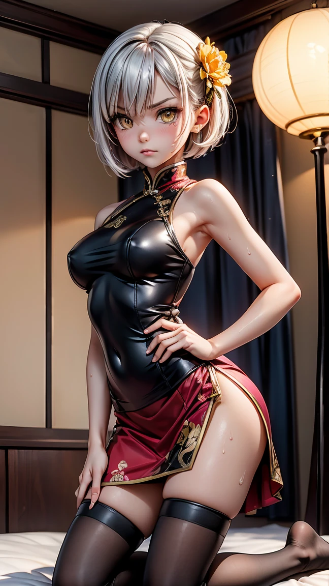 young girl , short silver bob hair, hair flower, sharp bangs between the eyes, yellow eyes, eyes large, dominant look, cold stare, somewhat angry expression. traditional chinese imperial clothes black with gold details, red skirt, black thigh high socks. slenderbody. On your knees on the bed, kneeling. front point of view, far view. in a Japanese room, at night, with full moon in the background, light reflecting on the sexy and sweaty body. (((sweat)))