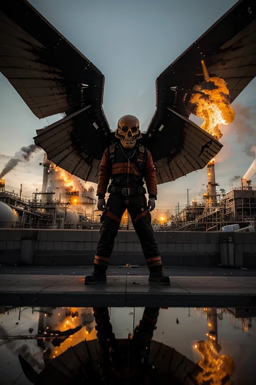 Fire Skull with airplane wings flies and explodes an oil refinery with a lot of fire 