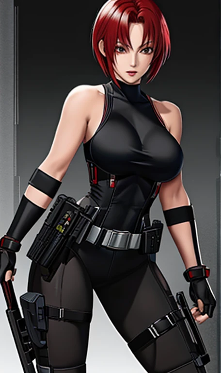 masterpiece, high-detail,  reginaDC, regina, dino crisis, 1girl, female, athletic woman,short red hair, sexy expression, weapons attached to belts, black bodysuit, gray fabric layer under bodysuit, young, bare shoulders, tactical fingerless gloves, huge breasts, skin tight leotard