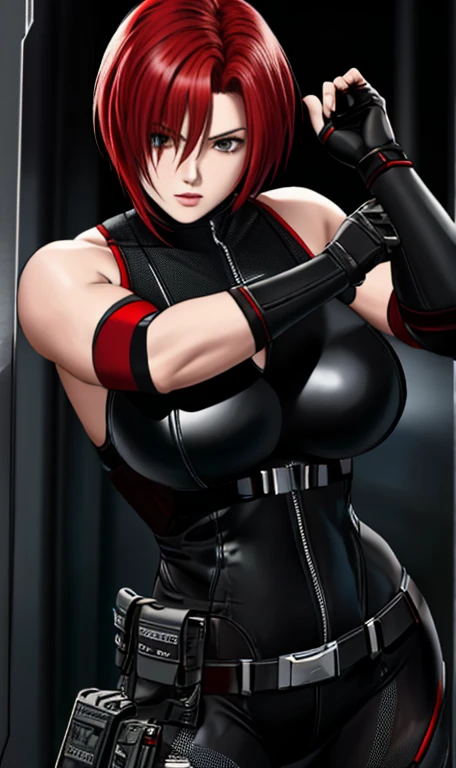 masterpiece, high-detail,  reginaDC, regina, dino crisis, 1girl, female, athletic woman,short red hair, sexy expression, weapons attached to belts, black bodysuit, gray fabric layer under bodysuit, young, bare shoulders, tactical fingerless gloves, huge breasts, skin tight leotard