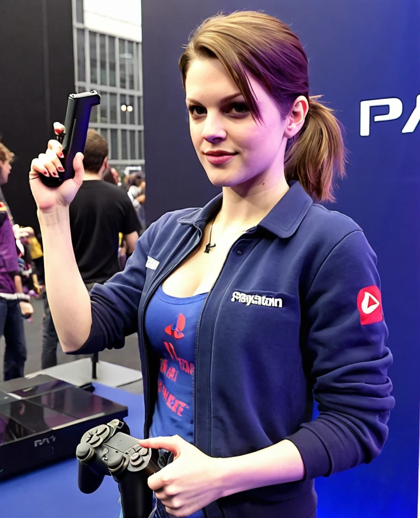 Jill Valentine pointing a p90 wearing normal street clothes at a Playstation games event 