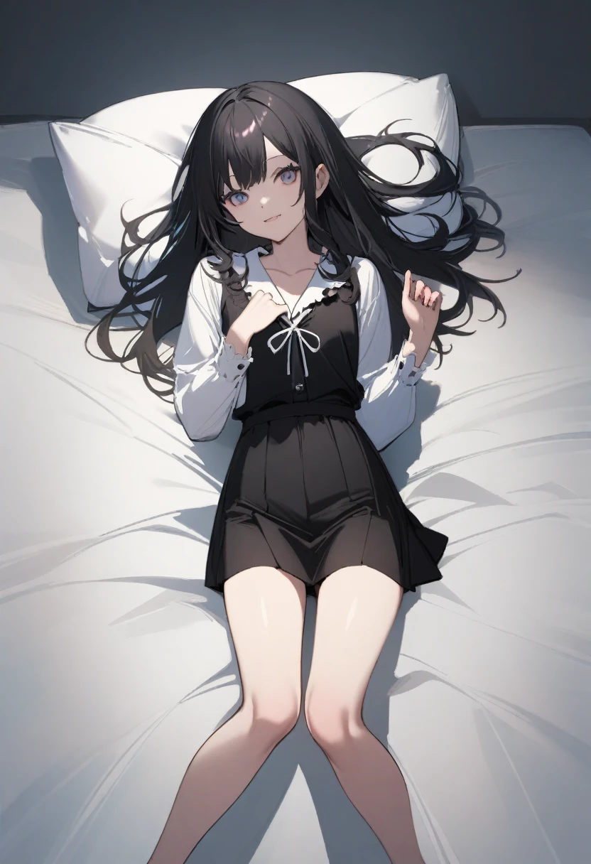 high quality, 最high quality、 Stylish design, (((The cutest girl))), ((Thin legs))、(((最high quality))), High resolution, ((detailed)), ((masterpiece)), ((Super detailed)), 14-year-old girl、Black Hair、Inner Color、((Lying on your back in bed),underwear),((Sexual))