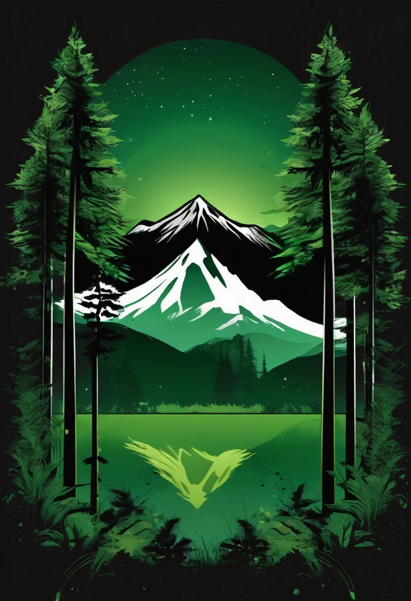 t-shirt design, A splash art of a forest with mountain in the background, dark green tone, vector art, black background