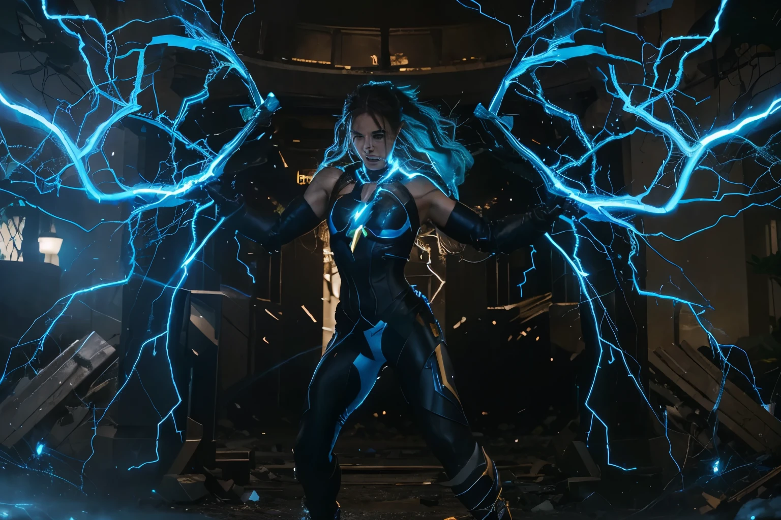 (Best quality, 8k, 32k, Masterpiece, UHD:1.2), "Transform the scene into a dynamic and electrifying moment where a character is surrounded by and emerging from a storm of lightning, energy, and power. Picture the character at the epicenter of a powerful electrical storm, with arcs of lightning crackling around them and illuminating the surroundings with intense flashes of blue and white light.

The character's form is shrouded in a swirling vortex of raw energy, their silhouette glowing with a radiant aura. Bolts of lightning strike the ground and radiate outward, creating a web of electrical currents that pulse with life. The air is charged with static, and the ground beneath the character trembles from the sheer force of their power.

The character’s stance is one of dominance and control, their eyes glowing with an otherworldly intensity. Their attire and any visible equipment should appear to be infused with energy, emphasizing their connection to the elemental forces at play.

Capture the interplay of light and shadow as the lightning illuminates the scene, casting dramatic contrasts and highlighting the character’s commanding presence. The surrounding environment should reflect the chaos and intensity of the storm, with debris swirling and objects electrified by the immense power. ((jumping))

The scene should evoke a sense of awe and excitement, showcasing the character's overwhelming strength and their mastery over the elemental forces of lightning and energy."