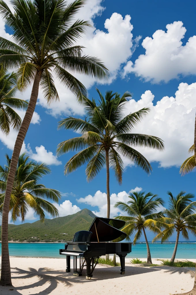 Piano on a small island with palm trees
