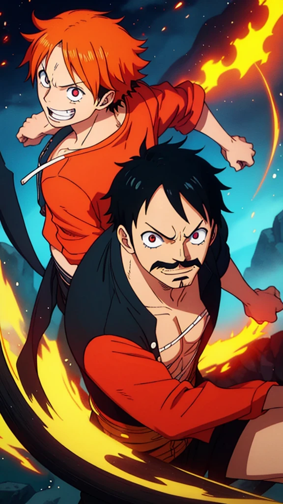 Create the image of a character with fiery orange hair, complemented by a vibrant mustache of the same color. The character has large, intense eyes with prominent pupils and a toothy smile that conveys a wild sense of clothing that includes a classic open-neck shirt with vertical stripes,
suggesting a casual yet adventurous personality. The background should be simple to keep the focus on the character's striking and dynamic characteristics. One-piece style and features from the anime styler Eiichiro Oda One-piece style by Shingei Ito Ruan Jia, pixiv contest winner, fantasy art, official art, wiccan,
conceptual art stylist One Piece Style, 4k