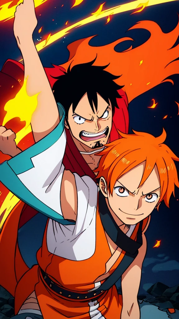 Create the image of a character with fiery orange hair, complemented by a vibrant mustache of the same color. The character has large, intense eyes with prominent pupils and a toothy smile that conveys a wild sense of clothing that includes a classic open-neck shirt with vertical stripes,
suggesting a casual yet adventurous personality. The background should be simple to keep the focus on the character's striking and dynamic characteristics. One-piece style and features from the anime styler Eiichiro Oda One-piece style by Shingei Ito Ruan Jia, pixiv contest winner, fantasy art, official art, wiccan,
conceptual art stylist One Piece Style, 4k