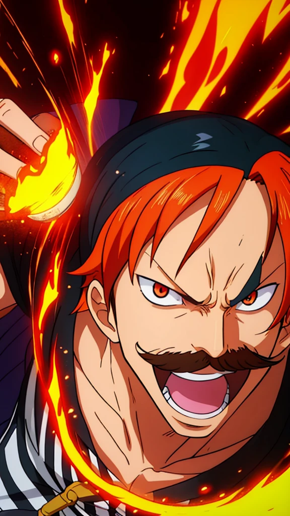 Create the image of a character with fiery orange hair, complemented by a vibrant mustache of the same color. The character has large, intense eyes with prominent pupils and a toothy smile that conveys a wild sense of clothing that includes a classic open-neck shirt with vertical stripes,
suggesting a casual yet adventurous personality. The background should be simple to keep the focus on the character's striking and dynamic characteristics. One-piece style and features from the anime styler Eiichiro Oda One-piece style by Shingei Ito Ruan Jia, pixiv contest winner, fantasy art, official art, wiccan,
conceptual art stylist One Piece Style, 4k