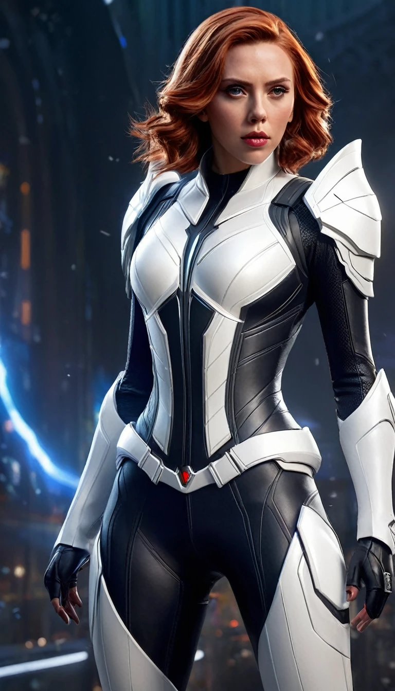 Epic characters and mesmerizing League of Legends splash art masterpieces from ArtStation、The mysterious Black Widow is featured in a trending article。In a white armored suit, her long flowing hair、The rhythmic wave patterns are carefully drawn、Gives a mysterious charm。This picture shows him in a bright white armored suit.、Proof of high-quality full-body detailing。The delicate play of light and shadow creates a super-realistic 8K CG experience.、Let your audience immerse themselves in the action。The exquisite facial features、Combined with perfect lighting、Highlight the dramatic shadows, that emphasize your figure、This underlines her captivating presence even more.。Scarlett Johansson&#39;s facial details
