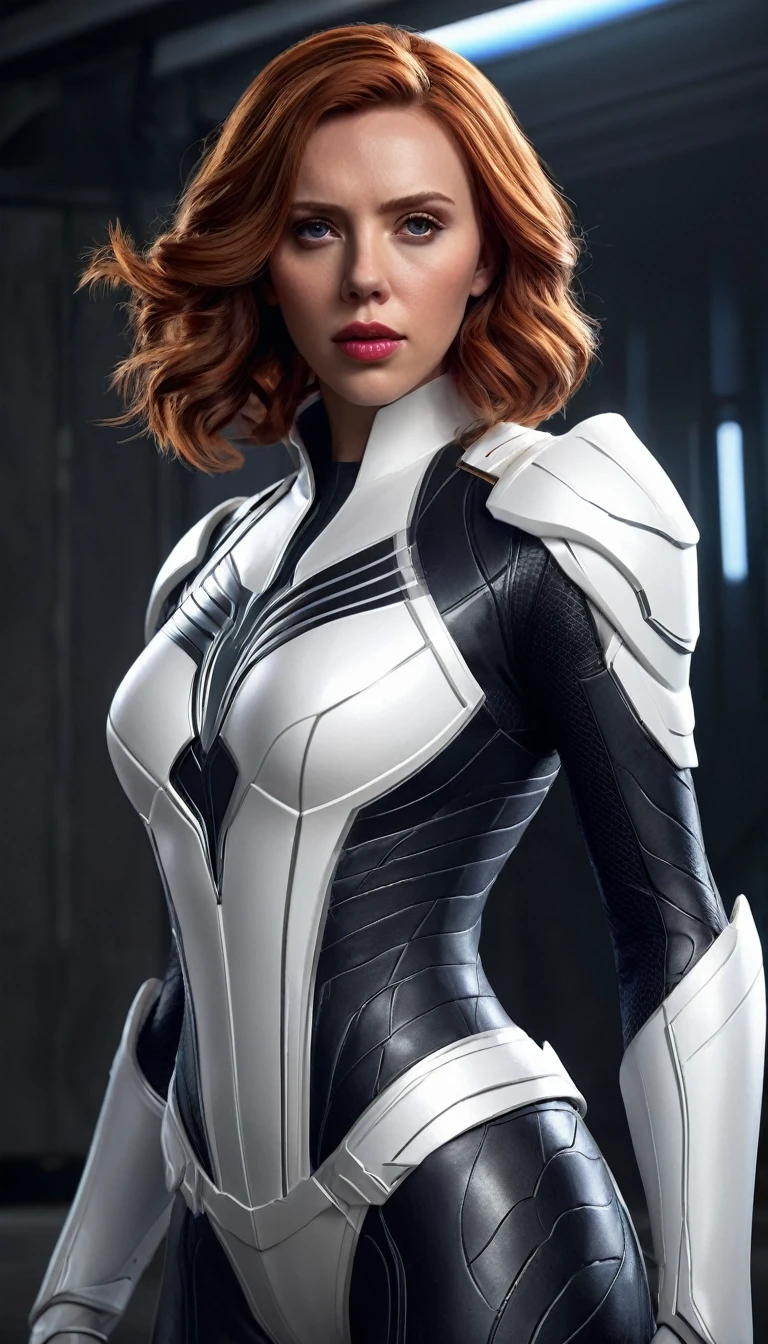 Epic characters and mesmerizing League of Legends splash art masterpieces from ArtStation、The mysterious Black Widow is featured in a trending article。In a white armored suit, her long flowing hair、The rhythmic wave patterns are carefully drawn、Gives a mysterious charm。This picture shows him in a bright white armored suit.、Proof of high-quality full-body detailing。The delicate play of light and shadow creates a super-realistic 8K CG experience.、Let your audience immerse themselves in the action。The exquisite facial features、Combined with perfect lighting、Highlight the dramatic shadows, that emphasize your figure、This underlines her captivating presence even more.。Scarlett Johansson's facial details