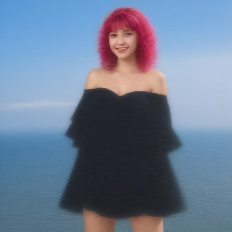 1 girl, (iridescent hair, colorful hair, half blue and half pink hair: 1.2), 17 years old, blue_sky, holding a magic wand, summer (season), petals_on_liquid, black cloak with hood, red and black torn dress, skirt: 1.2, (gold long curly hair: 1.5), sky, outdoor, clouds, bangs, smile, sky blue eyes, bare shoulders, perfect hands, Hand details, repaired fingers. Earrings, sea + background, looking_at_viewer, cowboy shot, top quality, rich detail, perfect image quality, sunrise