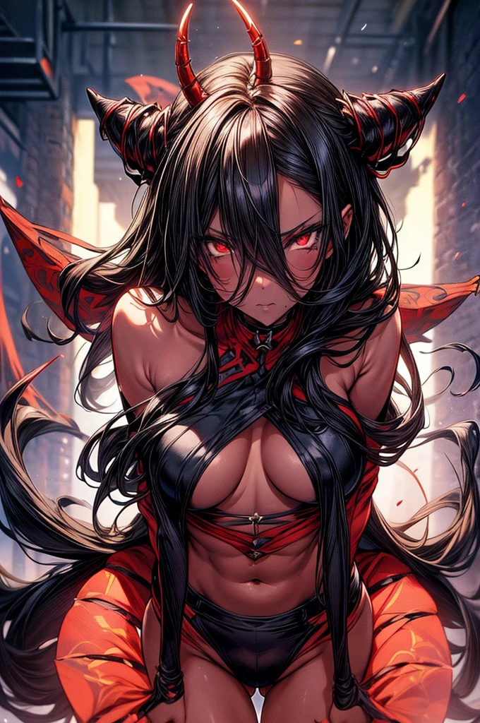 masterpiece, super detailed, high resolution, precision art, highly seductive anime girl. sexy and alluring, flawless dark red demonic skin, succubus, symmetrical face, beautiful olive eyes, flowing black hair, her very presence oozes seduction and allure, S-shaped body, black onyx colored horns jutting out her forehead, heart shaped tail protruding from her back, sexy and arousing slender and thin yet chiseled with enticing breasts, intricate and beautiful heart shaped tattoo engraved on her stomach, wearing spaghetti strap crop-top and form-fitting leggings that accentuate her round ass, hip-level shot