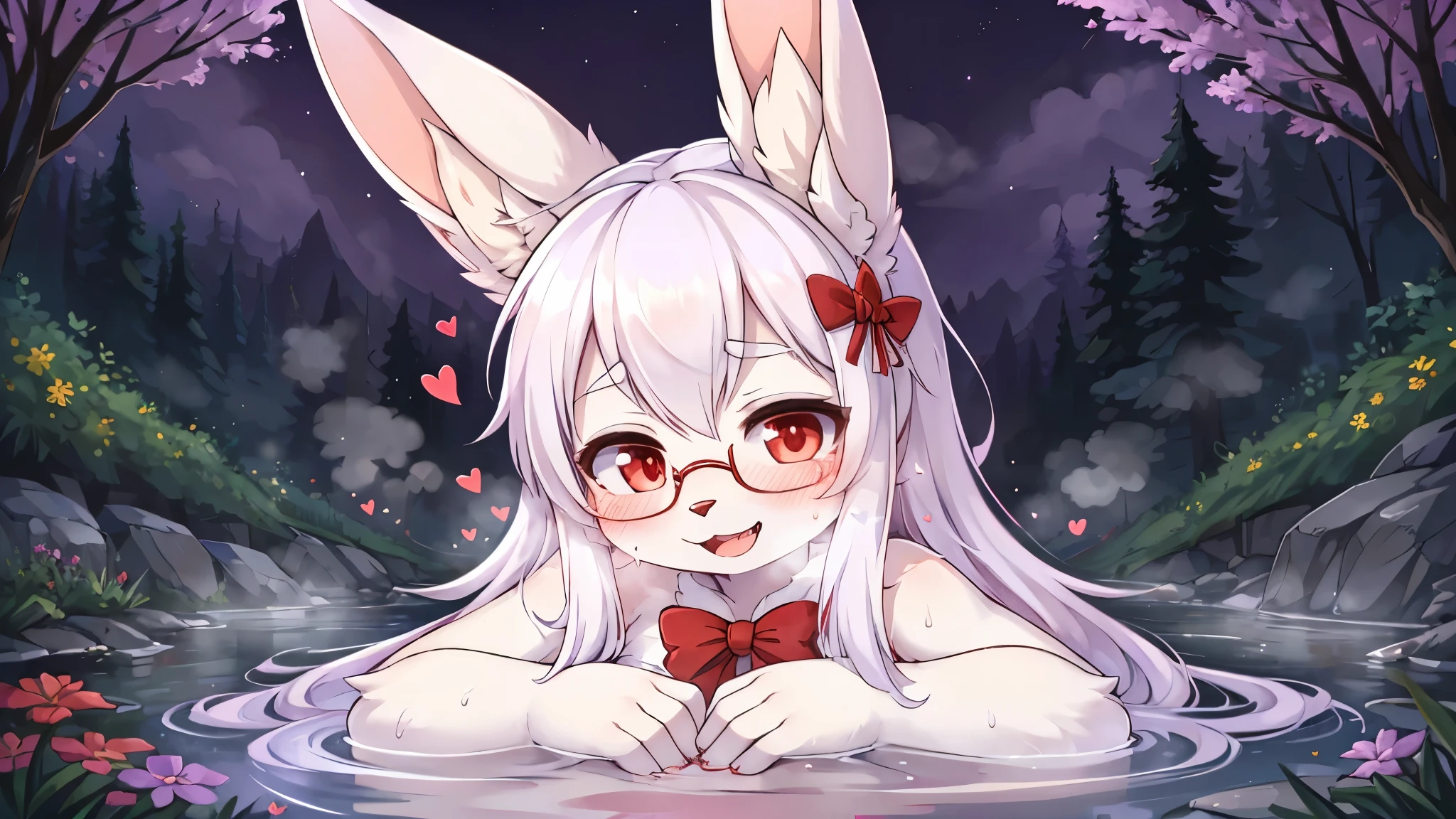 best quality,best resolution,solo,(fluffy anthro furry :1.6),(young :1.6),rabbit girl,small breasts,white hair,long hair,messy hair,red eyes,glistering eyes,sparkle eyes,white rabbit ears,white rabbit tail,white fur,naked,glasses,red ribbon bowtie,red ribbon hairpin,romantic light,beautiful hot spring,water steam,steam surroundded,legs in water,floral embroidery background,flower forrest,flower filed surrounded,night,moonlight,(purple sky),looking at viewer,full face blush,heavy breath,sweating,heart eyes,heart expression eyes,sex suggestive face,smile,lying,open mouth,prone pose