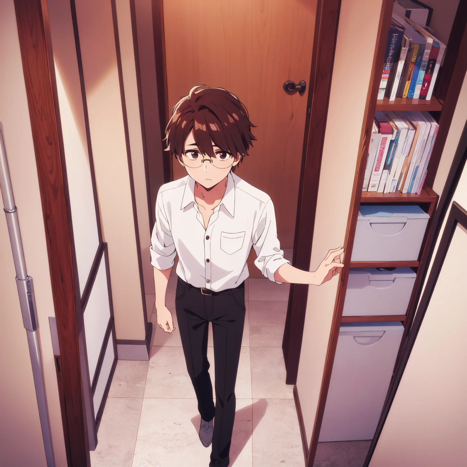 (((Highest quality))), 1boy, solo, dark brown hair, messy hair, dark brown eyes, round glasses, white button up shirt, black pants, standing
