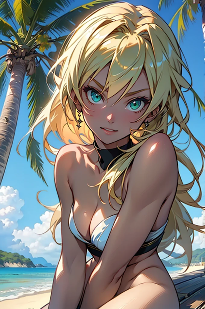 masterpiece, rich colors, Best quality, detailed, high resolution, Hyper quality, high detail, , high quality, detailing, skinny sexy girl on the beach , bright lighting , green eyes, Anime, palm trees, bright lighting, blonde,