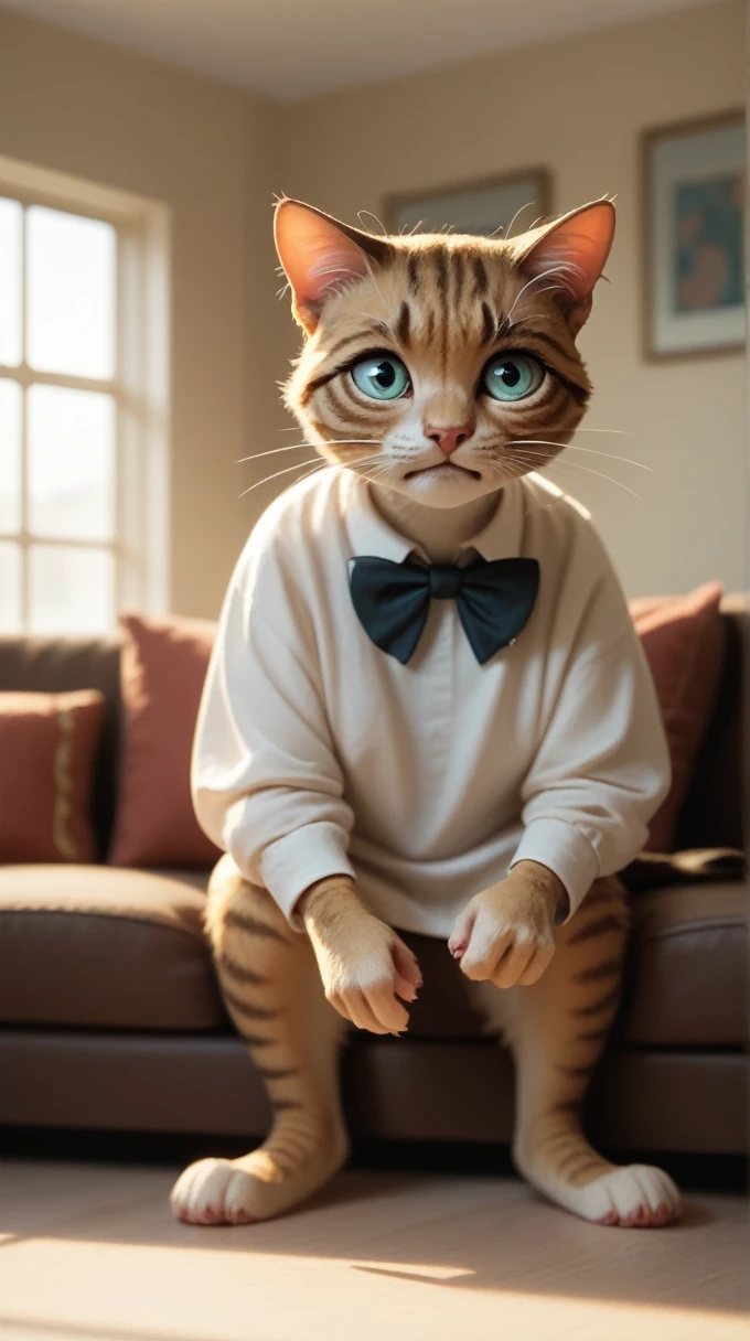 Gold Scottish Fold cat, wearing the same stylish shirt and bow tie, sitting up on the sofa, holding its head in pain, morning light coming through the window, cozy living room background.