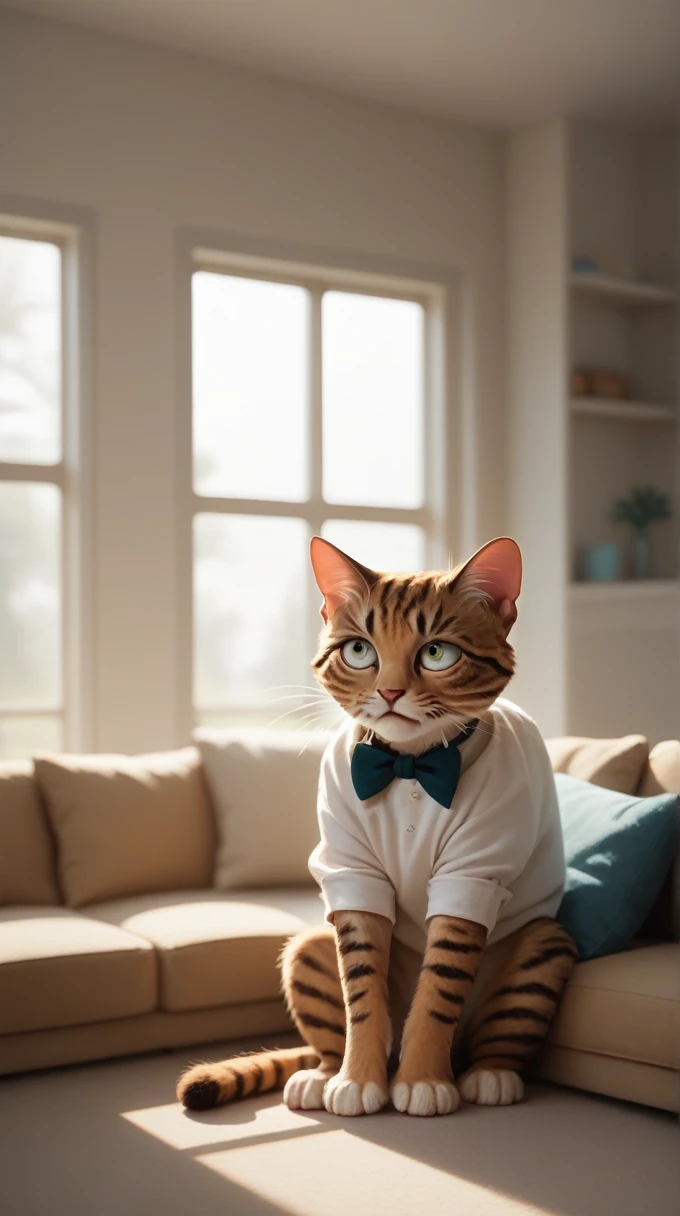 Gold Scottish Fold cat, wearing the same stylish shirt and bow tie, sitting up on the sofa, holding its head in pain, morning light coming through the window, cozy living room background.