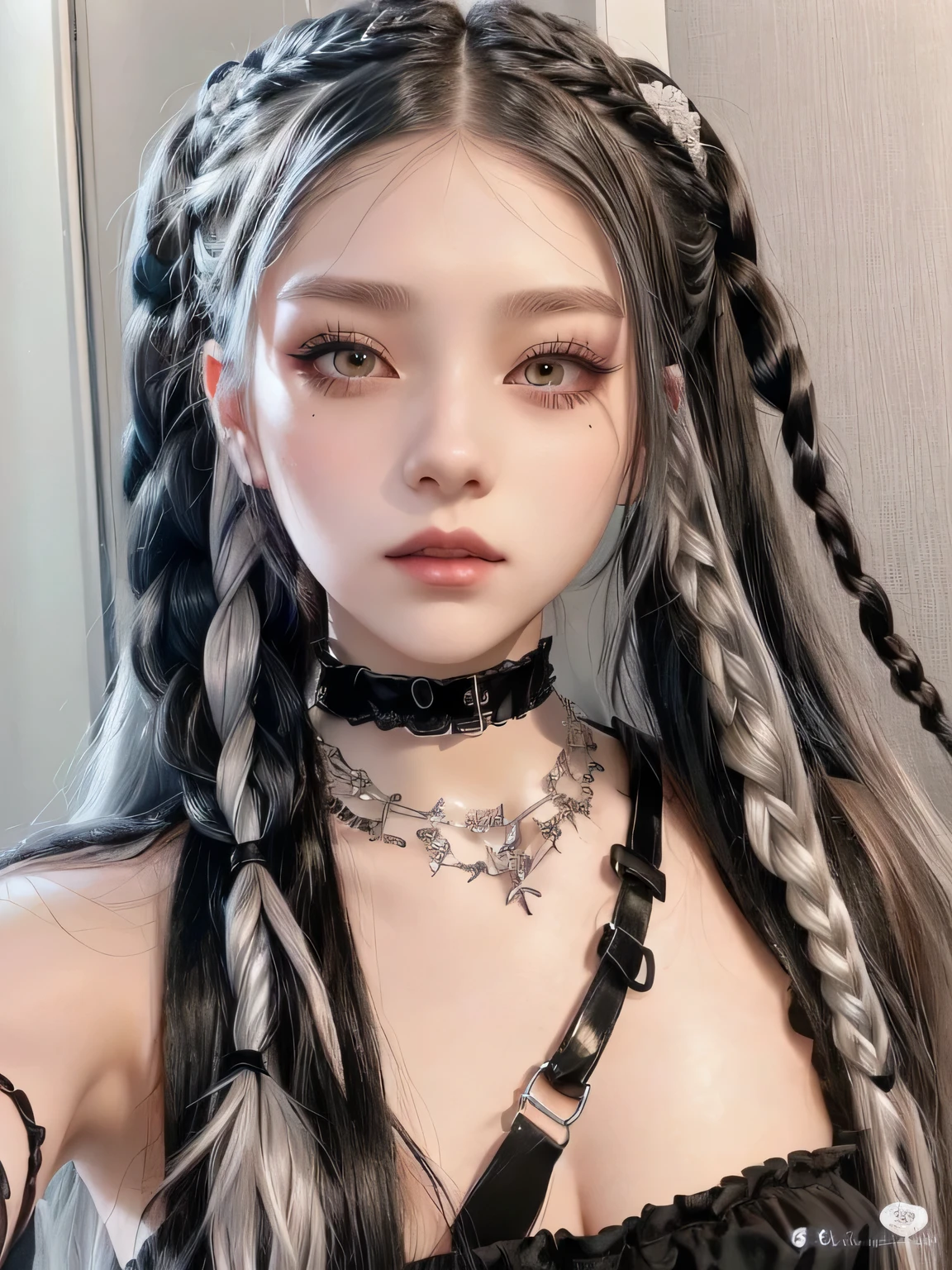 a woman with long hair and a choker with braids, gothic girl aesthetic, with black pigtails, 1 7 year old anime gothic girl, anime inspired, cruel korean gothic girl, pigtails hairstyle, pale gothic beauty, elegant fantasy style braids, two tail hairstyle, long silver braided hair, gothic aesthetic, long white braided hair, with long hair and piercing eyes