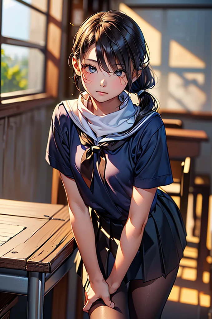 (loli:1.38),(14 Years Old:1.68),(young Woman:1.66),(young Age:1.78),(Masterpiece:1.21),(FHD),(16K),(Top Quality:1.24),(Super Resolution),(Super Illustration),(Best Shadow),(High Quality),(Super Detail:1.15), Elaborate,1 Woman, Japanese girl,(Small Round Face:1,69),(small breasts:1.53),(low ponytail:1.43),(short hair:1.12),(downturned eyes:1.76)(((Middle School))),(Classroom in),(looking Viewer:1.42),(Sailor uniform, white blouse, navy scarf,pleated skirt,white socks,black loafers)
