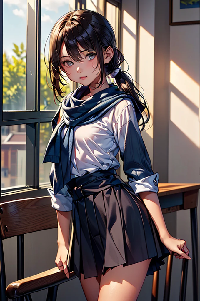 (:1.38),(14 Y8),(young Woman:1.66),(young Age:1.78),(Masterpiece:1.21),(FHD),(16K),(Top Quality:1.24),(Super Resolution),(Super Illustration),(Best Shadow),(High Quality),(Super Detail:1.15), Elaborate,1 Woman, Japanese girl,(Small Round Face:1,69),(small breasts:1.53),(low ponytail:1.43),(short hair:1.12),(downturned eyes:1.76)(((Middle School))),(Classroom in),(looking Viewer:1.42),(Sailor uniform, white blouse, navy scarf,pleated skirt,white socks,black loafers)