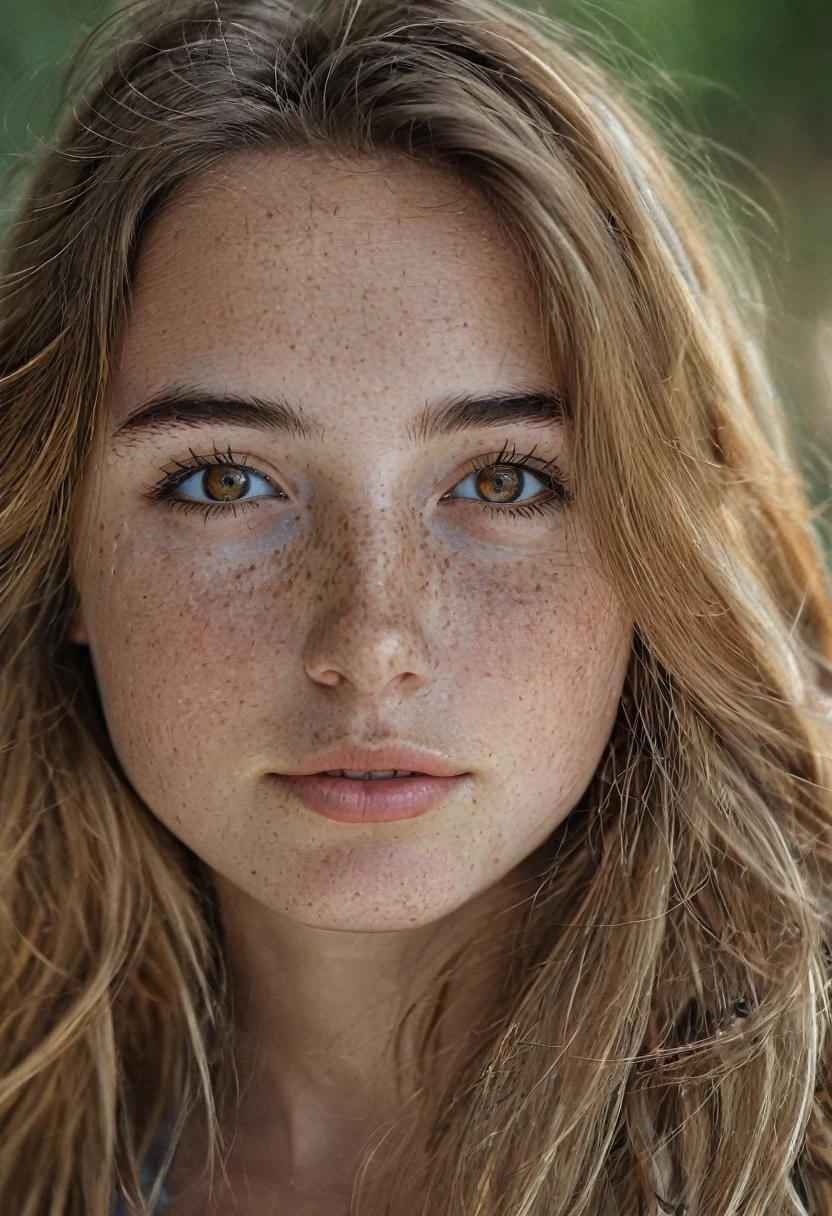 beautiful young girl, long brown hair, amber eyes, freckles on the nose and cheekbones, thick lips, thick black eyebrows