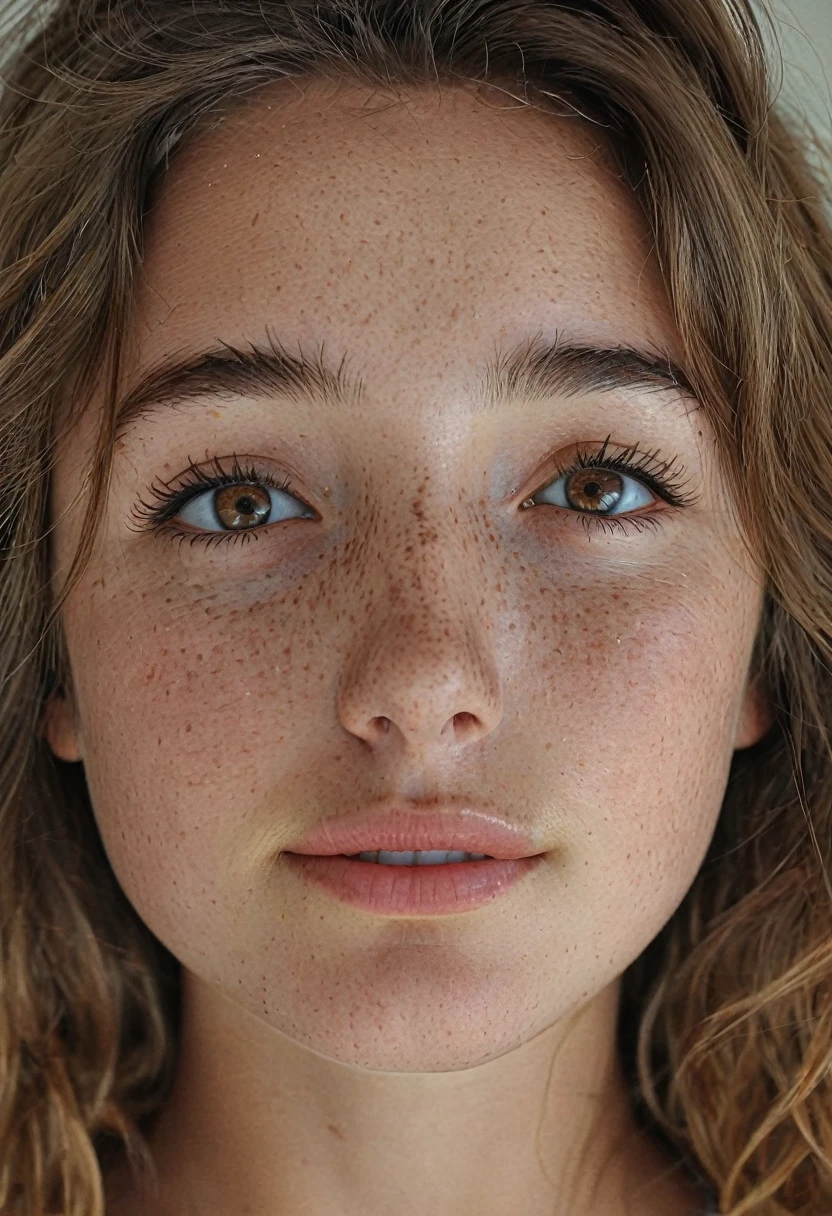 beautiful young girl, long brown hair, amber eyes, freckles on the nose and cheekbones, thick lips, thick black eyebrows