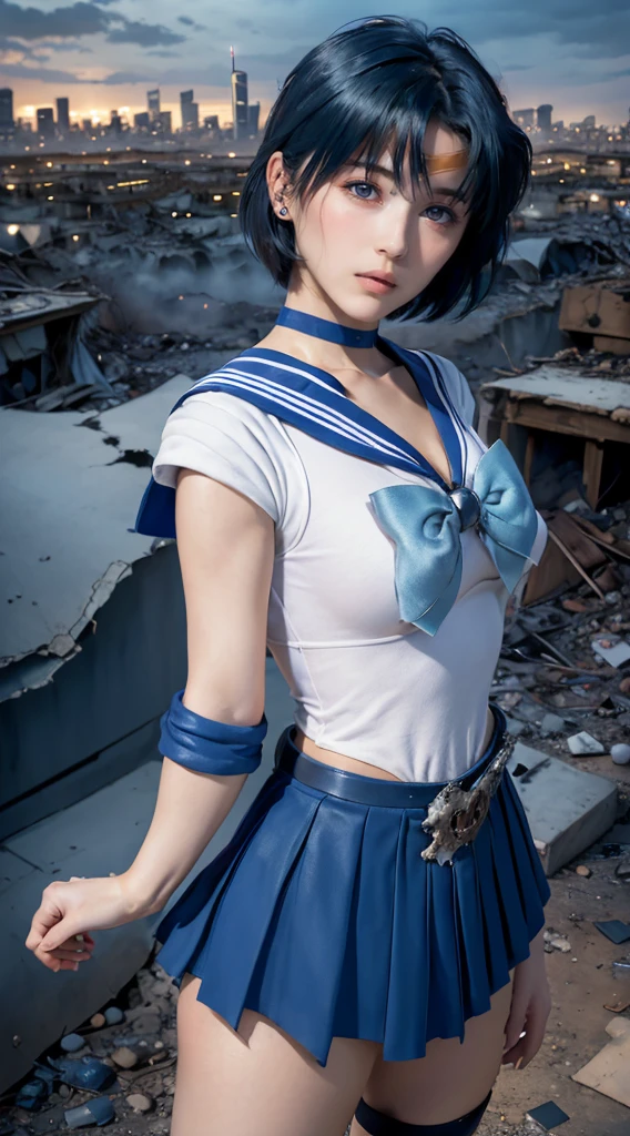 masterpiece, Highest quality, High resolution, Venus 1, One girl, alone, Sailor Warrior Uniform, Sailor Mercury, Mizuno Ami, Blue Hair, Magical girl, blue eyes, Blue Skirt, Elbow hand pockets, tiara, Pleated skirt, Hair Ribbon, Blue Sailor Collar, mini skirt, choker, blue choker, White gloves, Short Hair,  jewelry,  Earrings, Cowboy Shot,More detailed 8K.Unreal Engine:1.4,超High resolution,La Highest quality:1.4, Realistic:1.4, Skin Texture:1.4, masterpiece:1.8,first work, Highest quality,Object Object], (Detailed facial features:1.3),(Fine hand:1.4),(Apocalyptic destroyed cityscape:1.4)