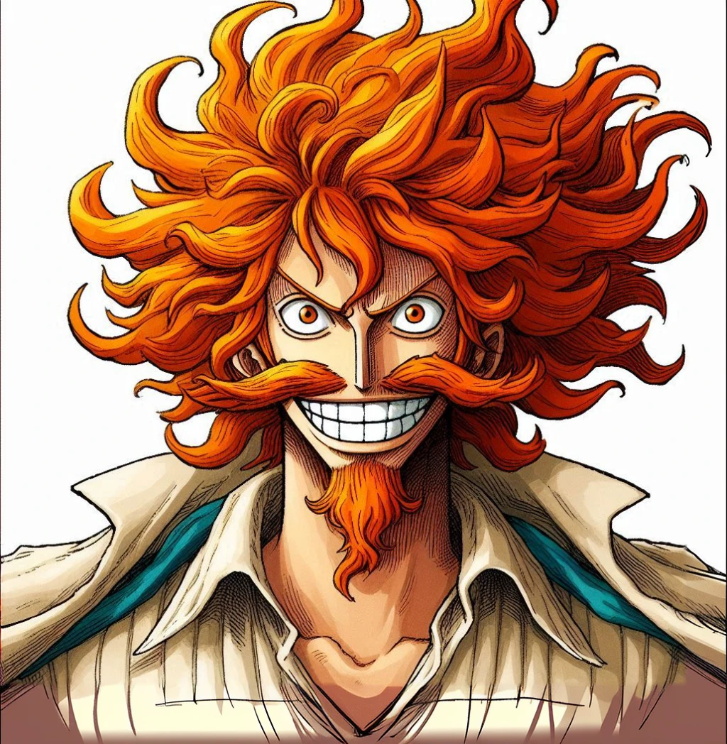 Create the image of a character with fiery orange hair, complemented by a vibrant mustache of the same color. The character has large, intense eyes with prominent pupils and a toothy smile that conveys a wild sense of clothing that includes a classic open-neck shirt with vertical stripes,
suggesting a casual yet adventurous personality. The background should be simple to keep the focus on the character's striking and dynamic characteristics. One-piece style and features from the anime styler Eiichiro Oda One-piece style by Shingei Ito Ruan Jia, pixiv contest winner, fantasy art, official art, wiccan,
conceptual art stylist One Piece Style, 4k