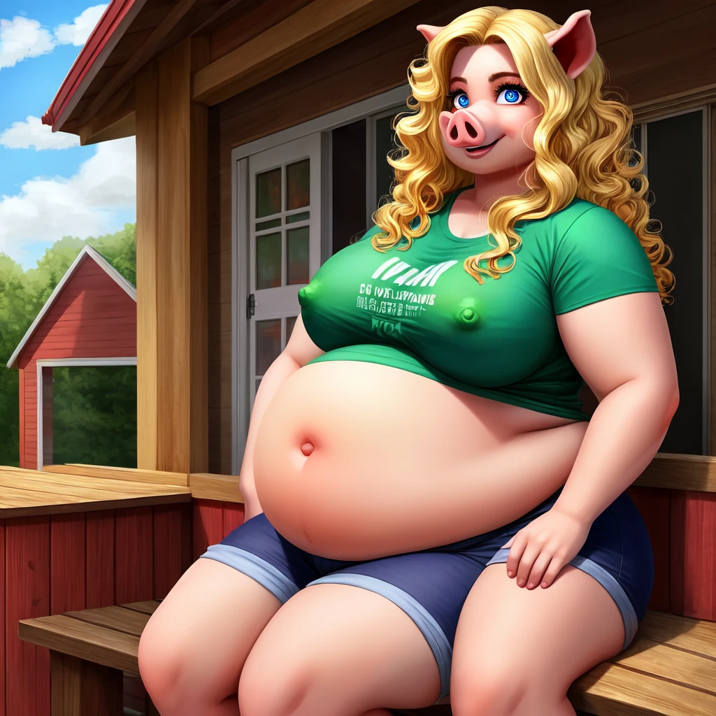 ((Best quality)), ((masterpiece)), (detailed), pig, pig girl, furry pig, big body, большой body, is sitting, smooth belly, shorts, серые shorts, T-shirt, View from afar, long hair, blonde hair, Beautiful face, skinny face, age 45, voluminous hair , curly hair, pig furry, Only 1 character, надутый belly, very big body, fat body, bloated body, pumped body, body looks like an inflated ball, backyard of the house, round belly, smooth belly, pump, belly is round, Navel, Long legs, nipples under a t-shirt , однотонная T-shirt, Hands down, looks at the viewer , fright, Shock, очень frightана, Look at the viewer, Normal eyes, beautiful eyes 