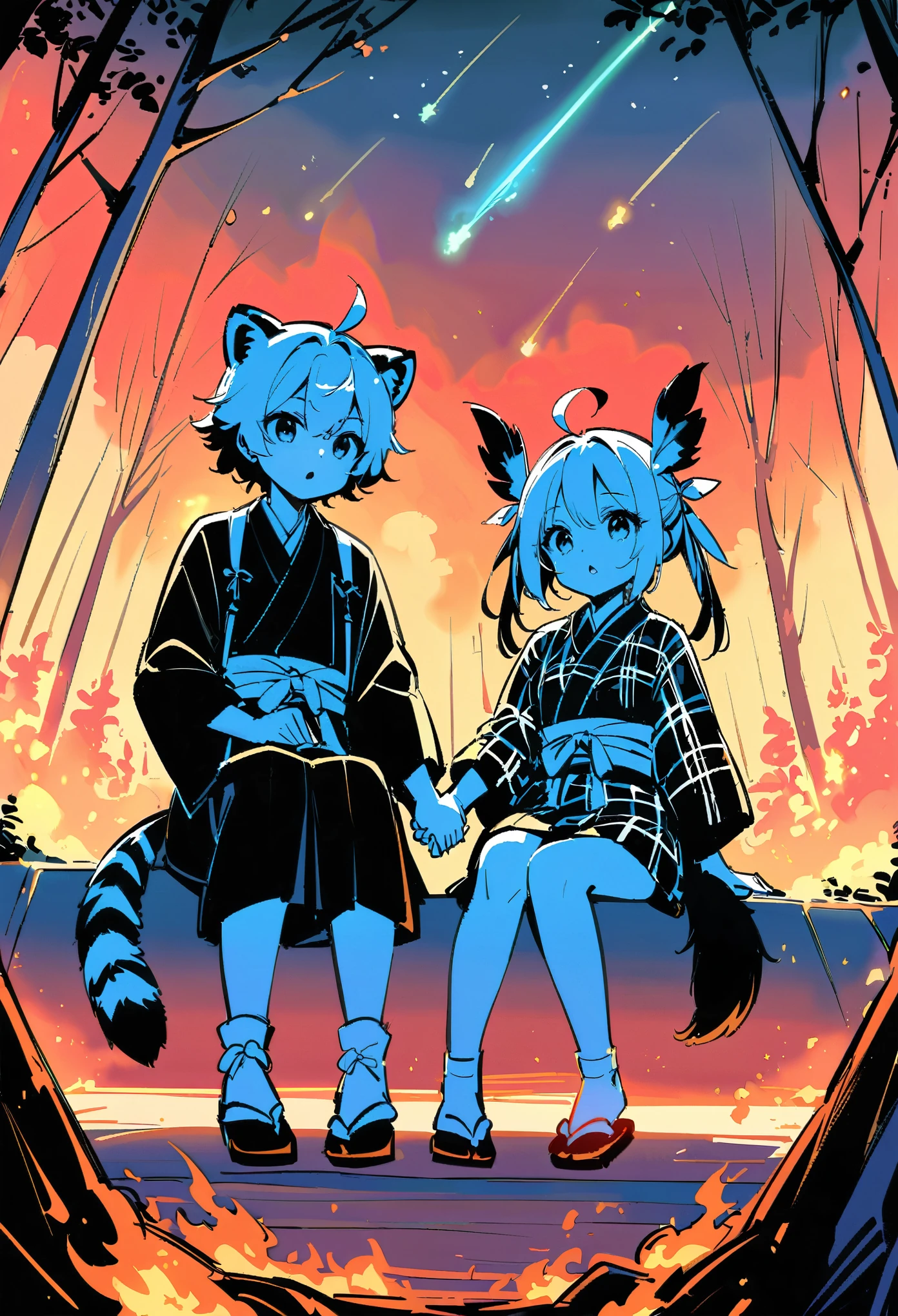 best quality, marionette, magister, chestnut mouth, false smile, ahoge, feather hair ornament, tartan, tabi, red panda tail, sitting, holding hands, meteor shower, (posing sketch), (monochrome), ((burning forest)), spark, light leaks, burning sky, flame, flames burning around, (flying sparks)