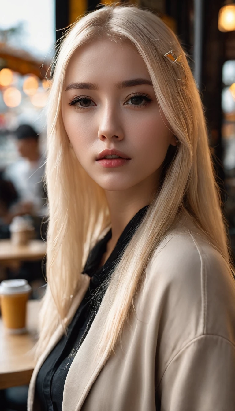 (standing portrait:1.2) of (zxzx:1) at cafe photograpy, boke, 4k, 500px, ultra realistic, close up, intense light blonde hairintense light blonde,