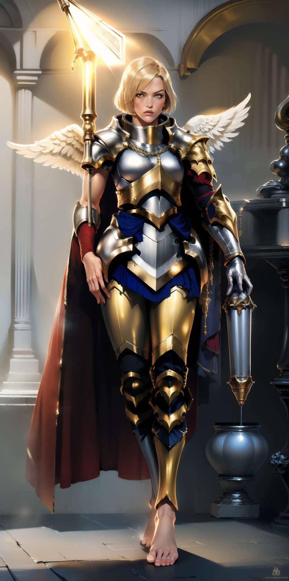 low angle from below full body toe to head inside the frame, paladin templar lady in white tabard, legwear, glowing yellow eyes, collar, golden chainmail, wide hips, barefoot together, angel wings, pauldrons, halo, silver platinum bob cut, blonde, eye focus, red cape, temple indoors, detailed, cinematic, fantasy