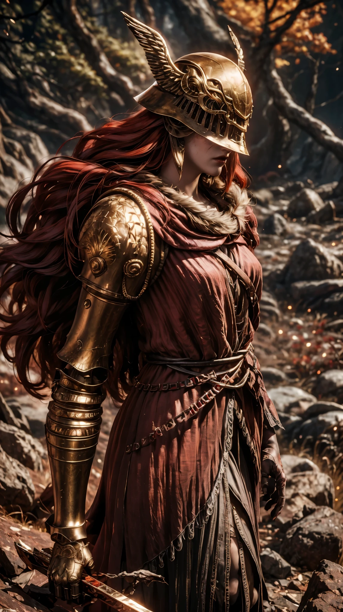 from above, high view shot, in the heart of Elden ring, a young beautiful Malenia, long red hair, blood hair, malenia's helmet, sexy malenia's armor, holding a large sword. On the slopes of a cursed tree that cries blood, dust, red energy, epic sensual pose, 3/4 profile, create an dark atmosphere of Elden ring, energy and neon lights. good quality, ultra detailed, beautiful and aesthetically pleasing, masterpiece, 4k, ray tracing, medium body, close-up, low view, particles and hard neon sparkles, focus on red and black color, dark filter, dark dusty atmosphere