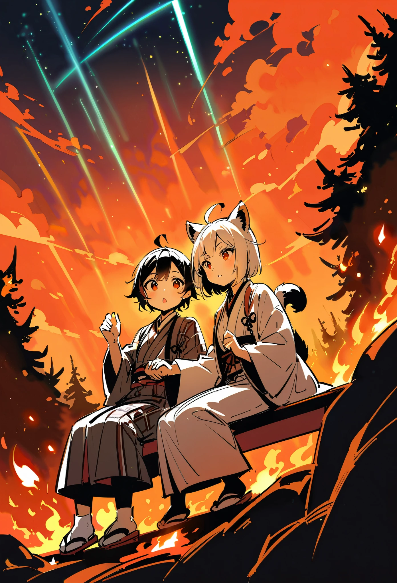 best quality, marionette, magister, chestnut mouth, false smile, ahoge, feather hair ornament, tartan, tabi, red panda tail, sitting, holding hands, meteor shower, (posing sketch), (monochrome), ((burning forest)), spark, light leaks, burning sky, flame, flames burning around, (flying sparks)