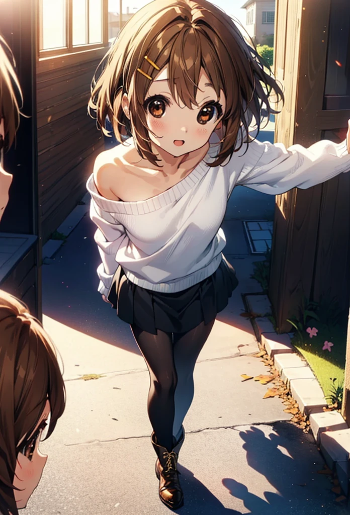 yuihirasawa, Yui Hirasawa, short hair, Brown Hair, hair ornaments, (Brown eyes:1.5), Hair Clip,One-shoulder sweater,mini skirt,Black pantyhose,short boots,Walking,morning,morning陽,The sun is rising,smile,Open your mouth,whole bodyがイラストに入るように
break outdoors,Building district,
break looking at viewer, whole body,
break (masterpiece:1.2), Highest quality, High resolution, unity 8k wallpaper, (figure:0.8), (Beautiful attention to detail:1.6), Highly detailed face, Perfect lighting, Highly detailed CG, (Perfect hands, Perfect Anatomy),