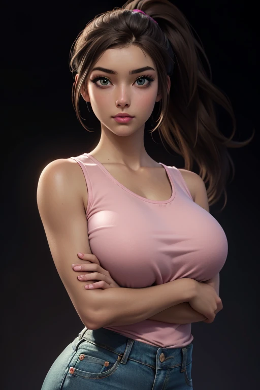 (ultra realistic,32k,RAW photo:1.1),(high detailed skin:1.1), 8k uhd, dslr, high quality, film grain, (makeup, mascara:1.1), lips,(thick\lips\),
1girl,brown hair, long hair, ponytail (green eyes:0.9), pink tanktop, denim shorts, big breast, (upper body:1.2),
(busty:1.1) , (chubby:0.1),(volumetric lighting:1.2), dark theme blank background