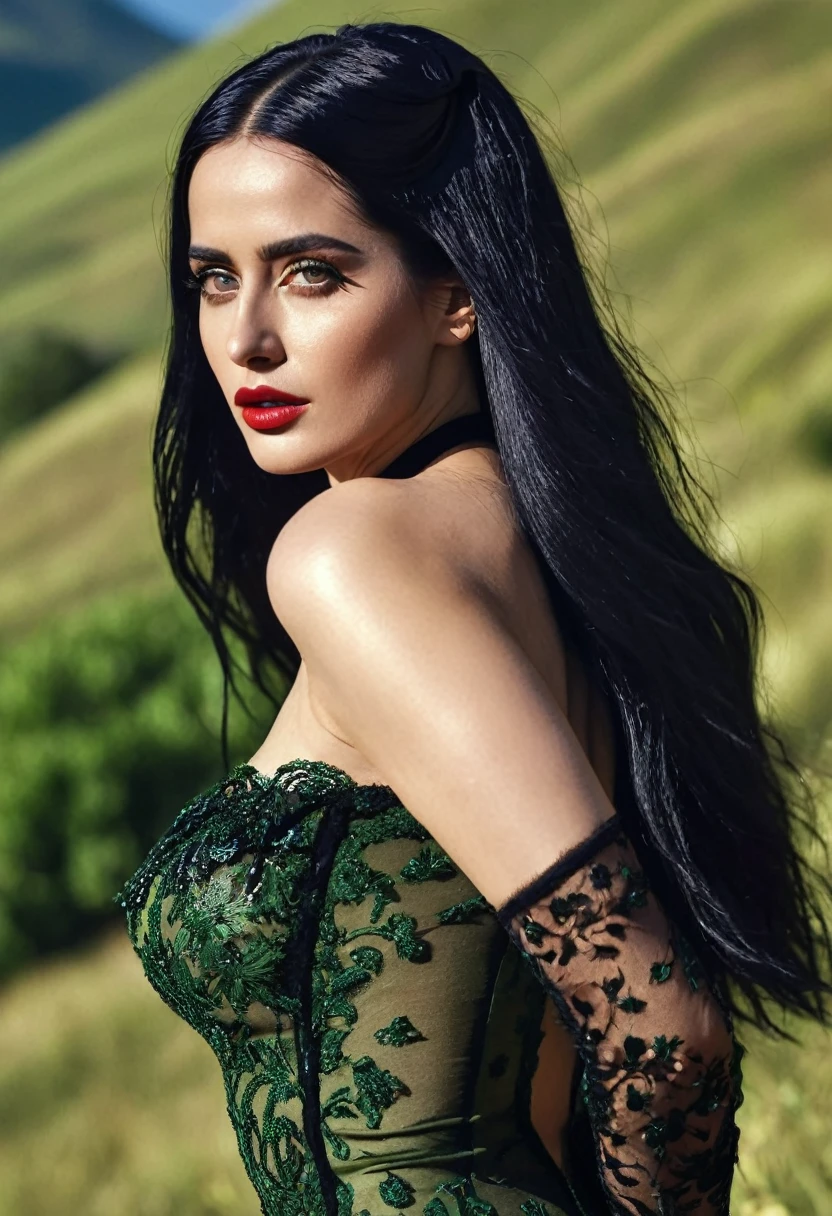 UHD, (1 girl), long dark black bun hair, big slim waist, ava max, bella poarch, olga buzova, Eva Green, salma hayek, violet myers, 24 year old female model, ayahausca, instagram model, lianna, sexy girl, the extremely hot and sexy, (8k, RAW photo, highest quality),(epic realistic:1.5), dynamic posture,erotic face (detailed eyes:0.8), (highest quality), (best shadow),intricate details,cinematic,((skin:1.4)) (hdr:1.5), detailed, masterpiece, RAW photo full-length portrait, captivating eyes, bright details, (high skin detail), (tint: 0.25), (dirty: 0.66), Key lighting, (backlight: 0.4), medium depth of field, Canon 5D, 50mm lens, f/4 aperture, (ultra-detailed, complex detail), sharp focus, 4k, absurd, 8mm film grain, flirting with camera, wearing a sexy dress, riding a horse in a green mountain vally