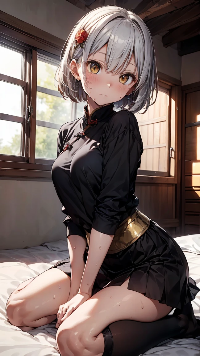 young girl ************, short silver bob hair, hair flower, sharp bangs between the eyes, yellow  eyes, eyes large, traditional chinese imperial clothes black with gold details, red skirt, black thigh high socks. slenderbody, medium breasts. bound and gagged, kneeling on the bed, kneeling. point of view from above. in a Japanese room, at night, with full moon in the background, light reflecting on the sexy and sweaty body. (((sweat)))