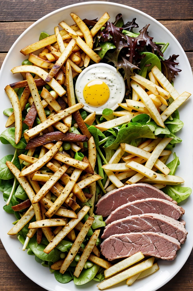 pan, meat, salad and fries