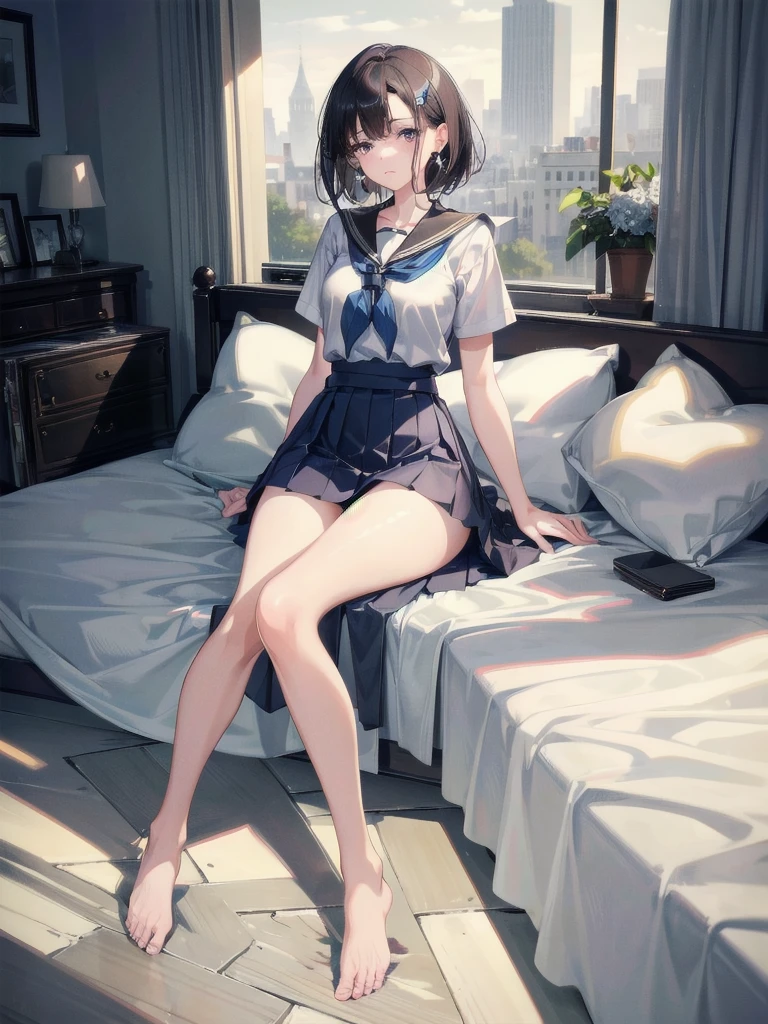 absurdres, RAW photo, extremely delicate and beautiful, masterpiece, Best Quality, ultra high resolution, 32k, hyperrealistic, ultra-detailed, perfect figure, in her 20s, delicate facial features, tearful mole, earring, medium breasts, full body shot, medium hair, asymmetrical hair, bare foots, school_uniform, short skirt,