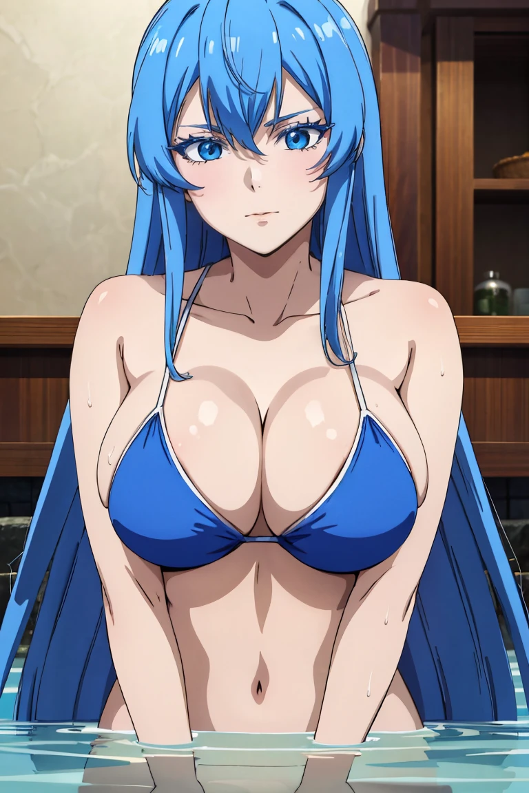 (bbc riding : 1.3), (naked), (luxury bedroom background), esdeath, anime cels style, best quality, high resolution, 1girl, (huge breasts:1.2), mature women, blue hair, long hair, (blue eye), blue eyebrow, beautiful face, (cowboy shot), looking at viewer, blushing, smiling, sweating, very sweaty, chest tatto