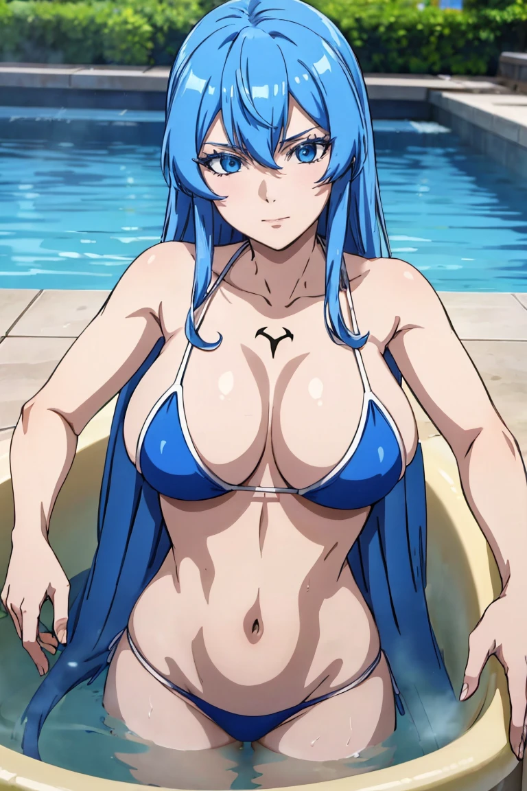 (artwork, best quality) 1 girl with long blue hair, blue eyes, blue eyelashes, well detailed eyes, hot look, big breasts, In a pool, bathing, soaking, soft skin