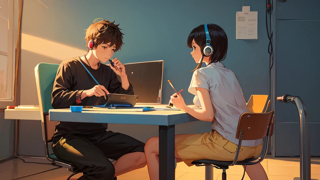 2 people, girl and boy back to each other, the girl is wearing head phone and sit on chair in front of a microphone, the boy is painting on a canva