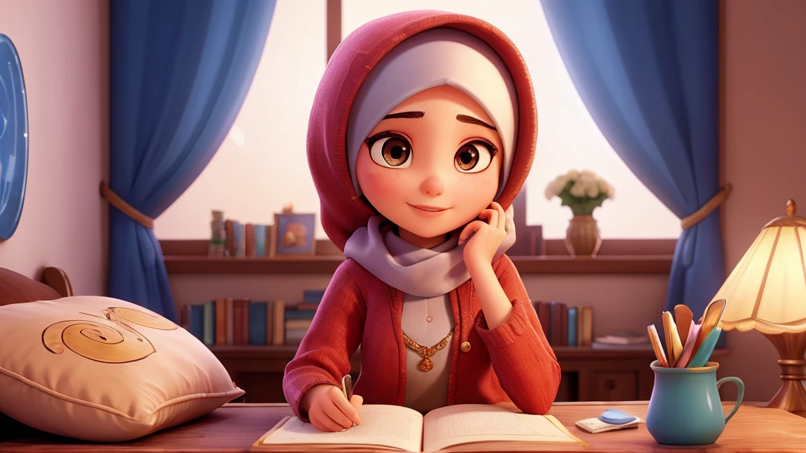 Subject: Cici in a Playful Scene

Description: A cheerful Pixar-style animation of a 5-6  girl named Cici in an academic or laboratory setting. Cici has Bright White Asian skin, bright brown eyes, and is wearing a islamic dress or gamis, long cardigan, and hijab in pastel pink and cream colors. The scene captures her playful personality as she reads a storybook or plays with a Barbie doll. The background is detailed, resembling a Pixar animation with a bright and cheerful tone.

Art Style: Pixar-style animation, bright colors, highly detailed, playful and cheerful atmosphere

Environment/Background: Academic or laboratory setting, with books, scientific equipment, and educational posters, rendered in a detailed and whimsical Pixar style

Lighting: Bright and cheerful, with soft shadows to enhance the playful mood

Camera: Mid-shot, capturing Cici's interaction with her toys or books

Render: High resolution, detailed textures, smooth and colorful

Keywords: Pixar-style, animated, cheerful, detailed, playful, pastel colors, academic setting