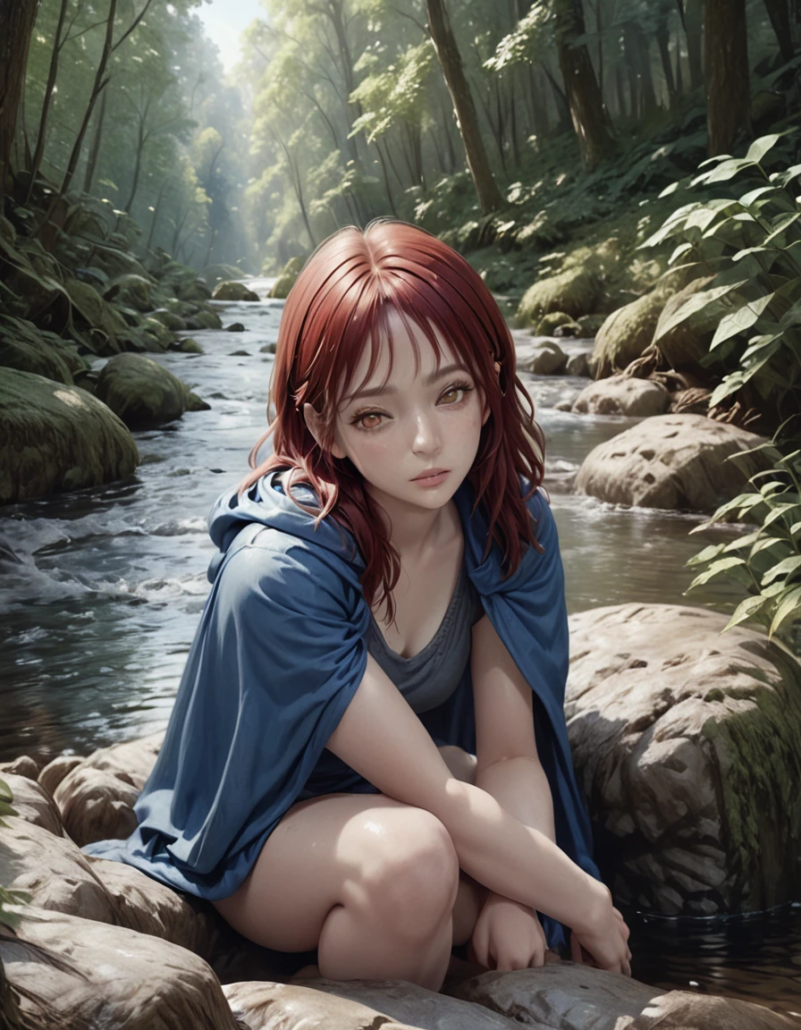 a girl with red hair, animal ears, wearing a blue hooded cape, sitting on a rock by a forest stream, yellow eyes, (best quality,4k,8k,highres,masterpiece:1.2),ultra-detailed,(realistic,photorealistic,photo-realistic:1.37),RAW photo