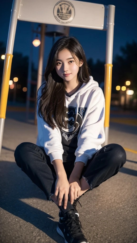 First-person perspective,a female high school student,Sit on the playground,night,wearing jk,Lovely
