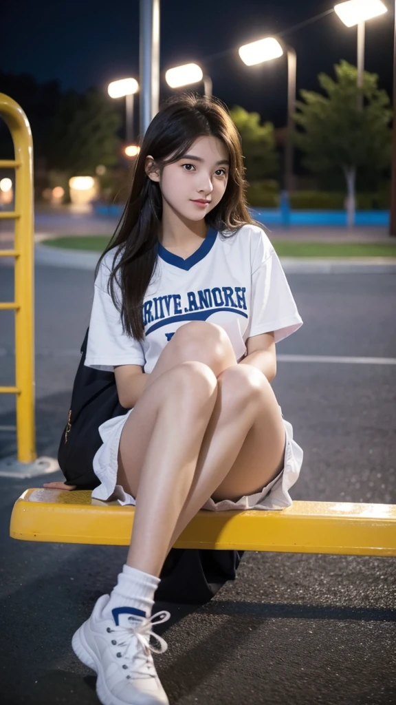 First-person perspective,a female high school student,Sit on the playground，night，wearing jk，Lovely