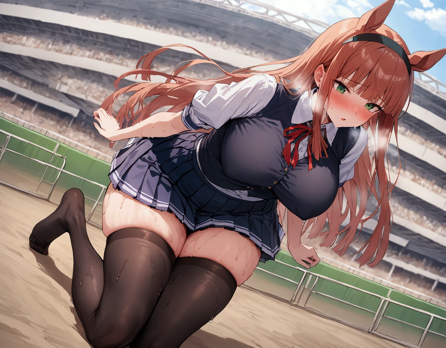 Silence Suzuka、Horse Girl、Best image quality、High resolution、masterpiece、super high quality、Arena、Run、颯爽とRun、Sweaty、Very short pleated skirt、Heavy breathing、blush、4k quality、Black Pantyhose、Voluptuous thighs