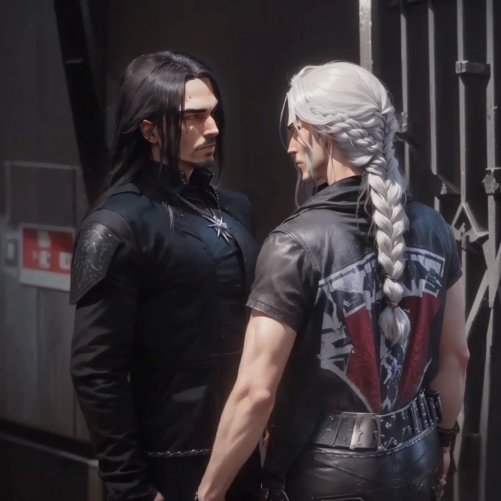 they are couple standing next to each other with long hair, johnny silverhand, leon s kennedy, medium shot of two characters, from witcher (2021), they are close to each other, video game screenshot>, mario as the witcher, she has dark grey hairs, less muscle , cute